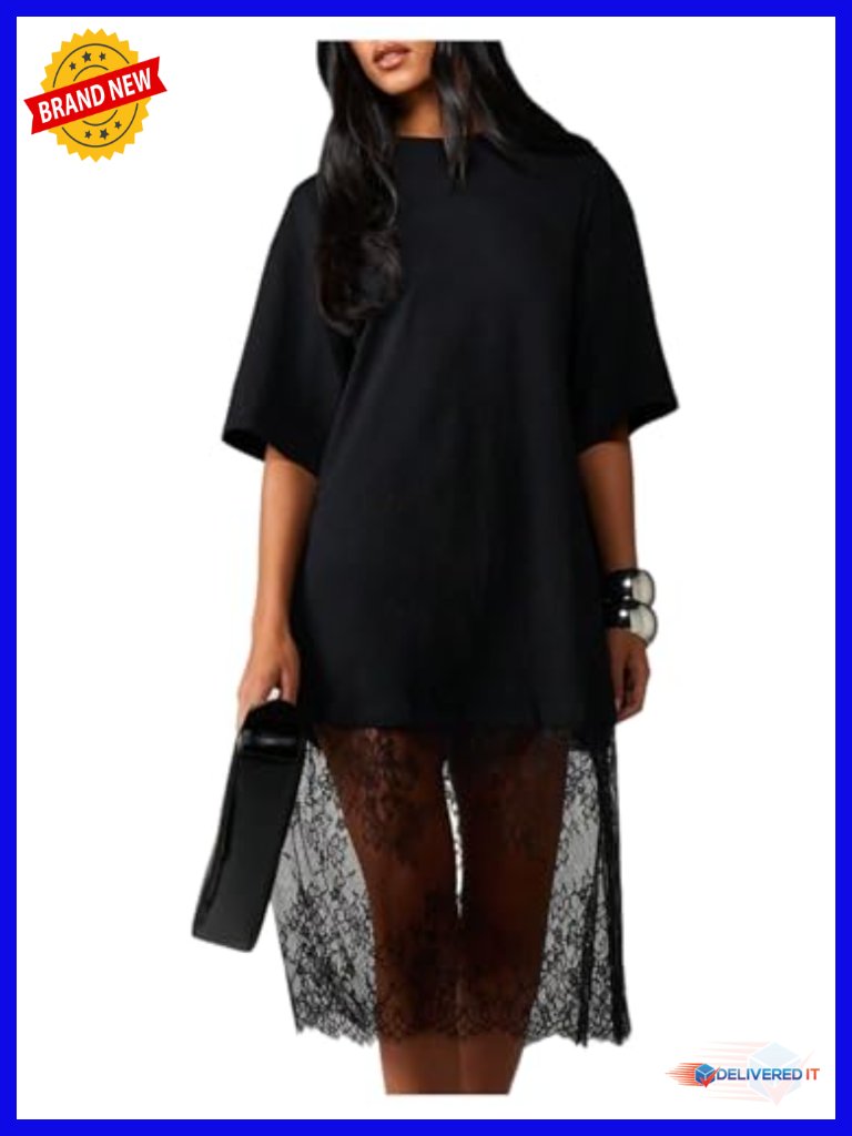 Lace Patchwork Oversized Midi Dress, Crew Neck, Short Sleeve, Loose Fit